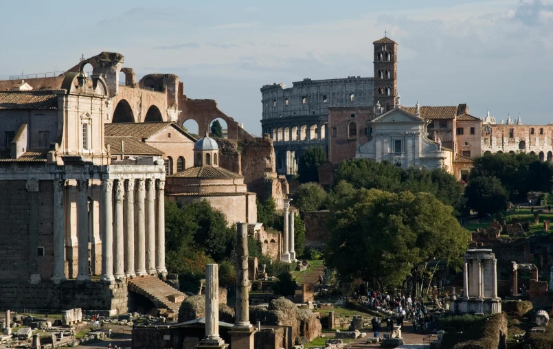 the ruins of ancient cities with the cathedral visible in the background