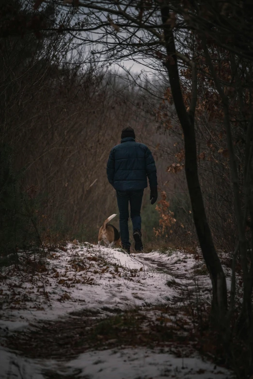 a man walking his dog through the snow