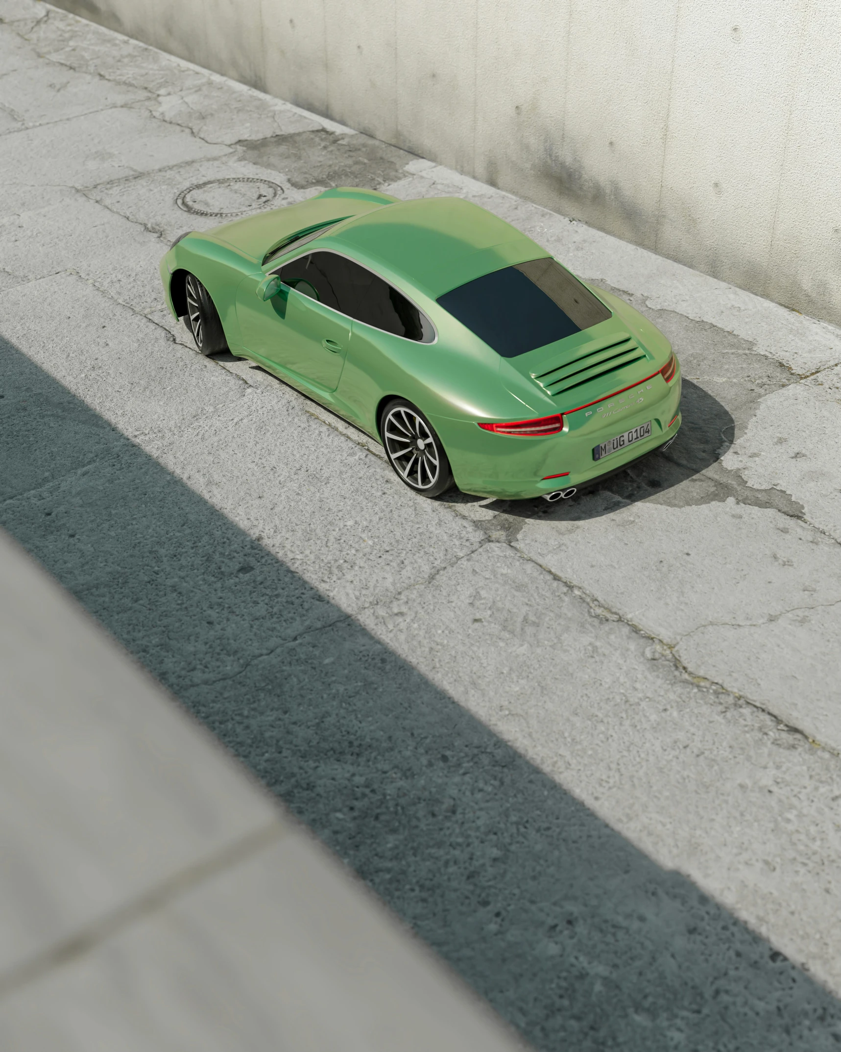 a green sports car sits parked next to a stone building