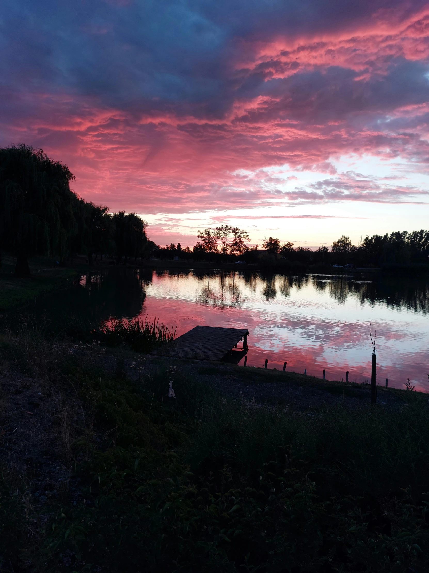 a beautiful sunset at the park over a lake