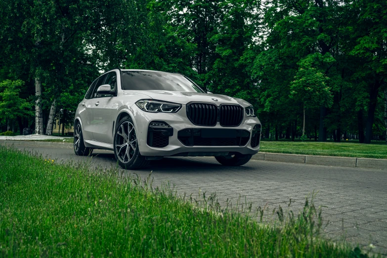 the silver bmw x5 parked on the side of a road