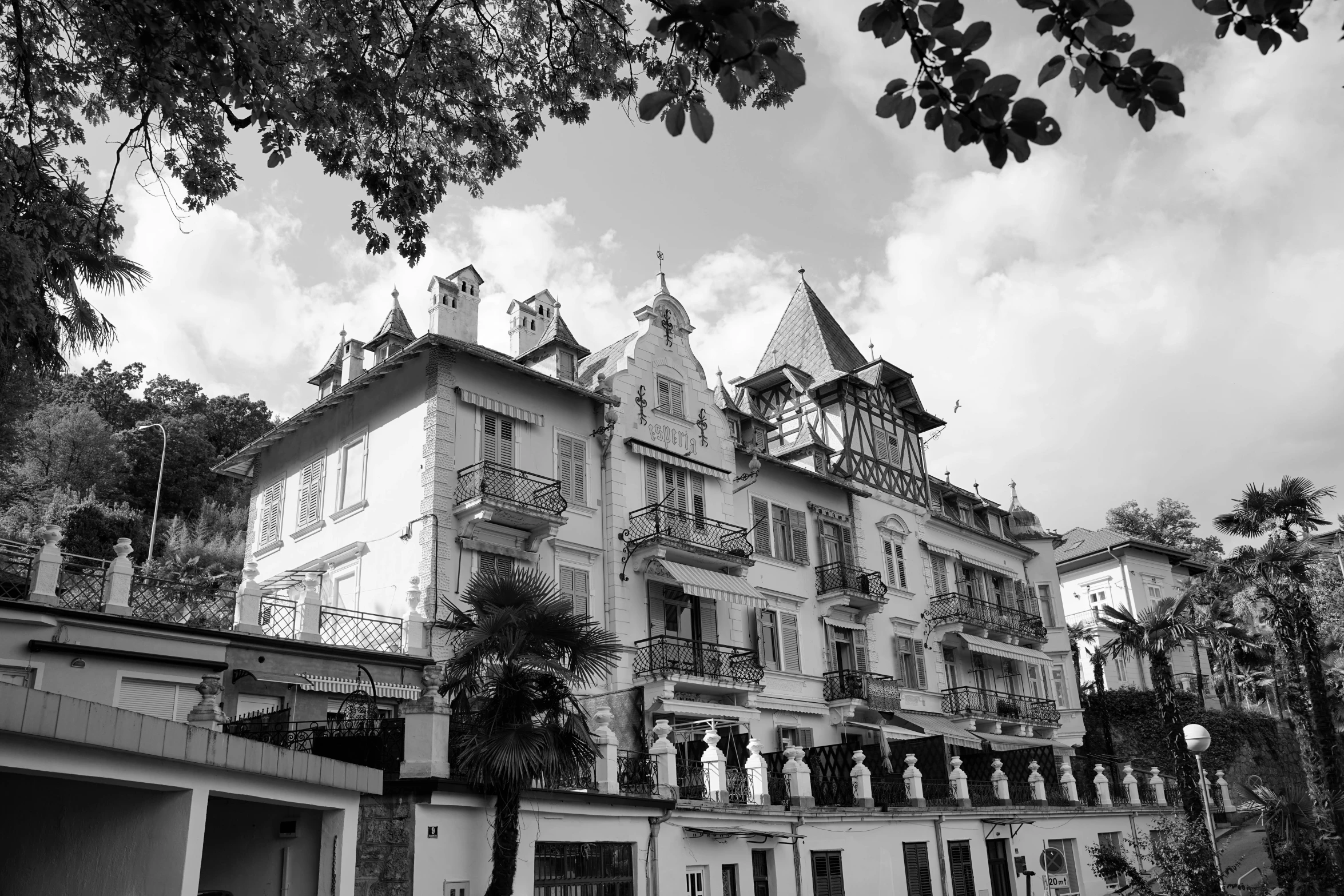 an old, fancy home sitting on top of a hill