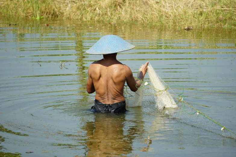 a man is in the water and there is a net