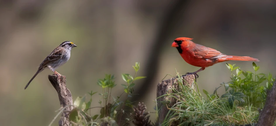 two birds are sitting on sticks in the woods