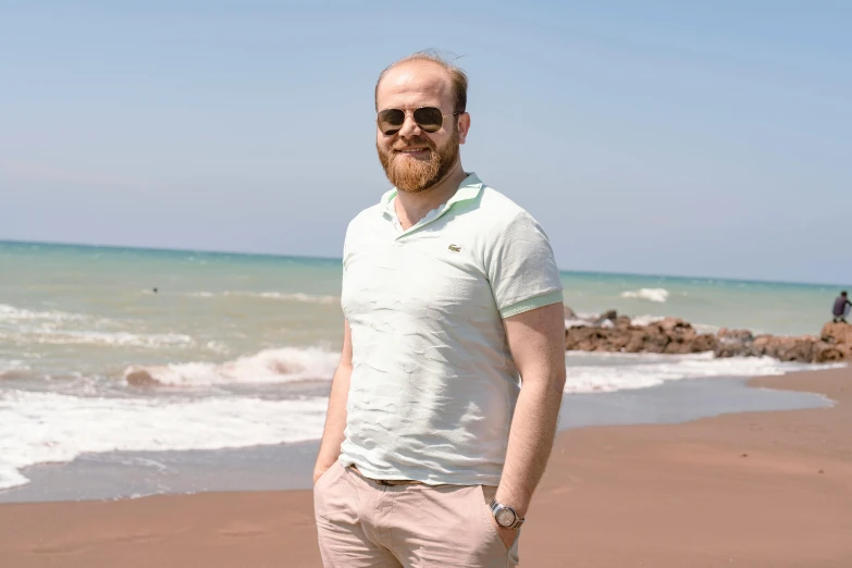 a man in sunglasses is standing on a beach