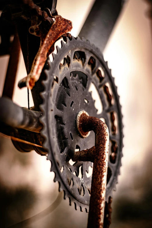 rusted gears of a bike, with rusty material to them
