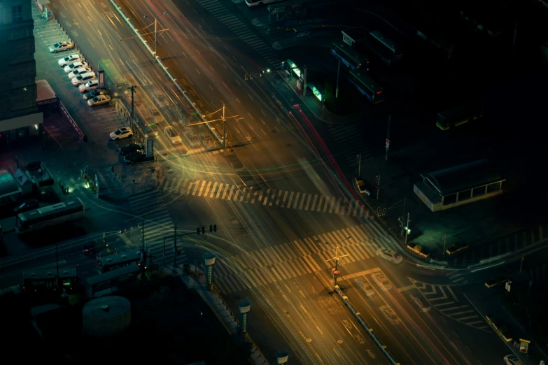 an overhead view of street lights at night