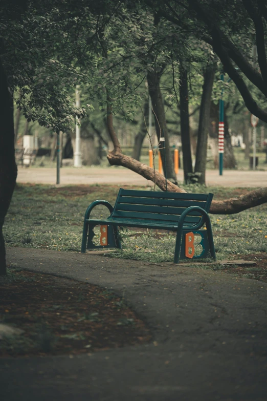 a bench sits in a park with a fallen tree