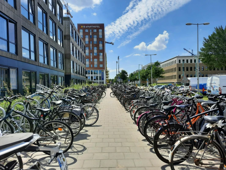 there are rows of bikes that are parked outside