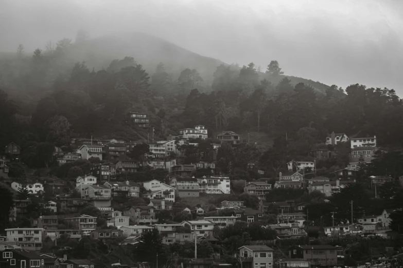 a city sits below a hill with houses