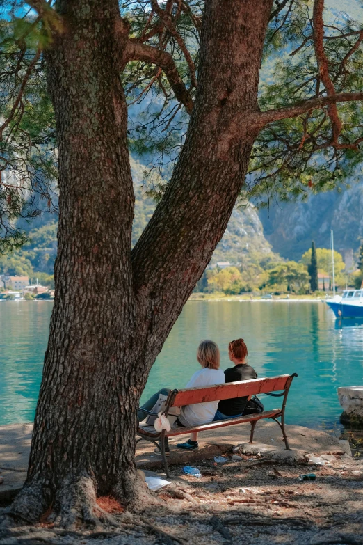 people sitting on a bench by the lake