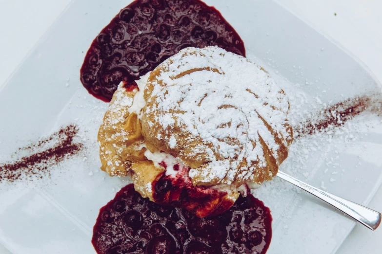 dessert item with powdered sugar on white plate with fork