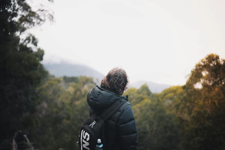 a person standing on a hill, in front of some trees