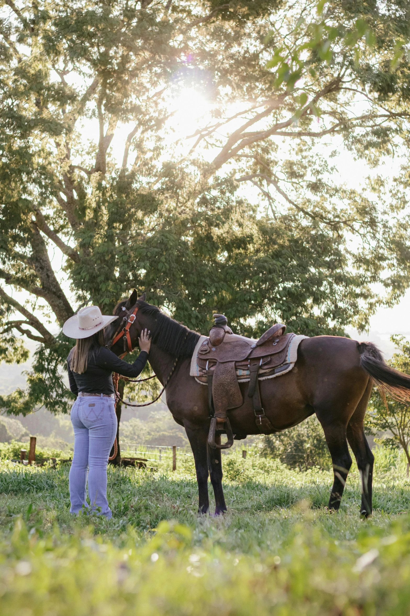 a lady that is standing by a brown horse