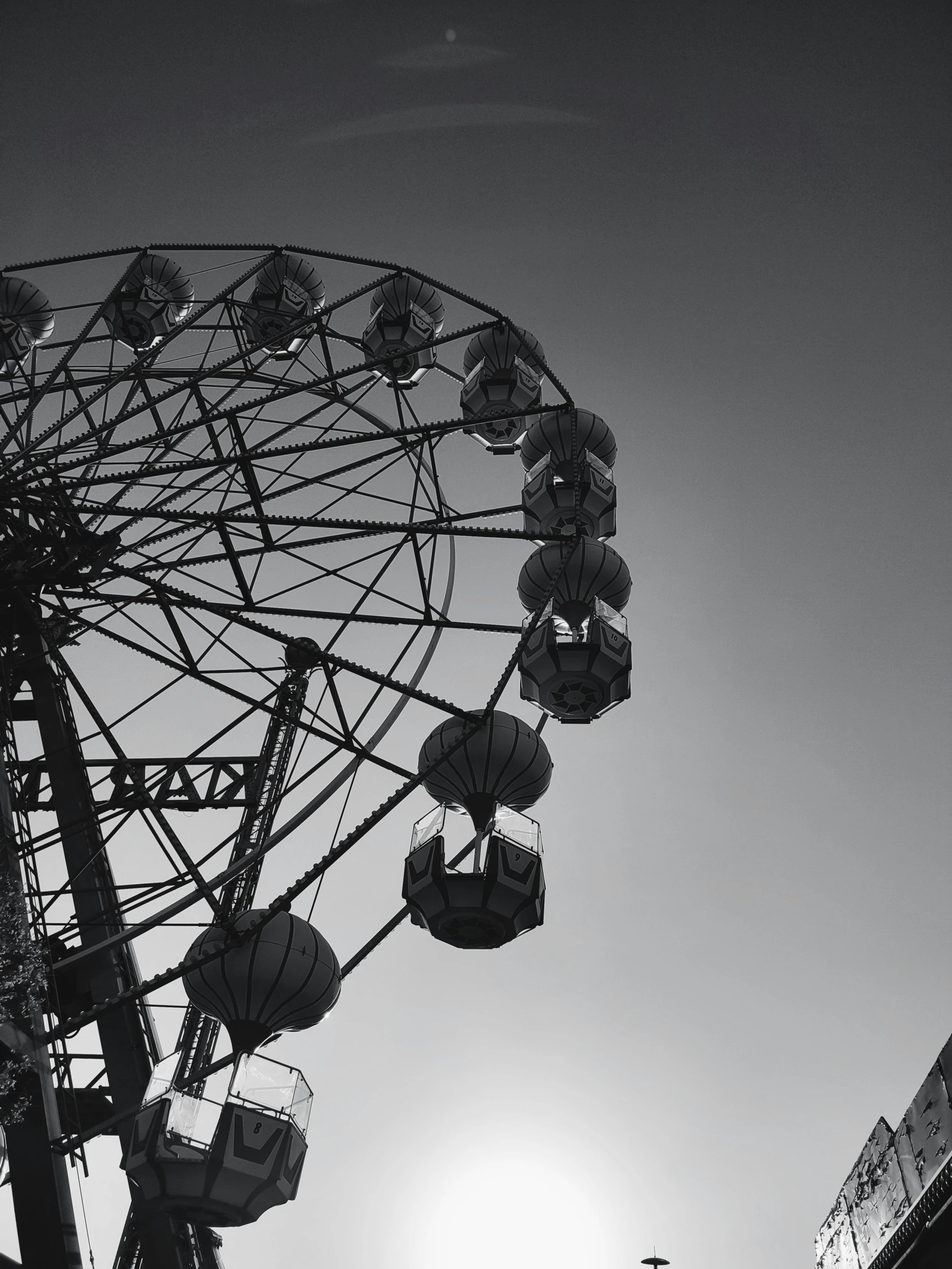 black and white pograph of a ferris wheel