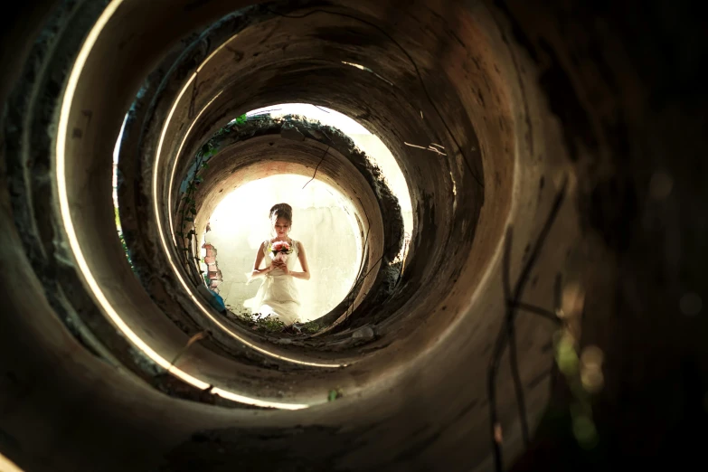 a very high view of a girl in a dress