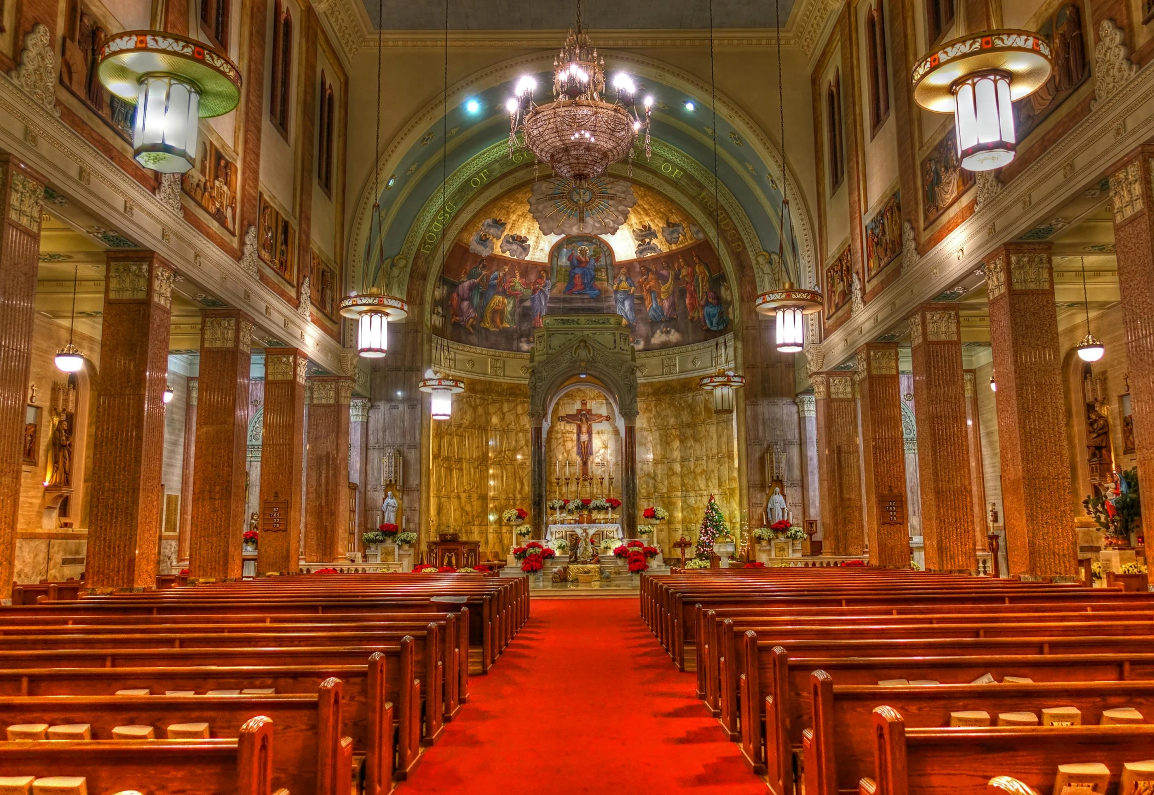 there are several rows of wooden pews in a church