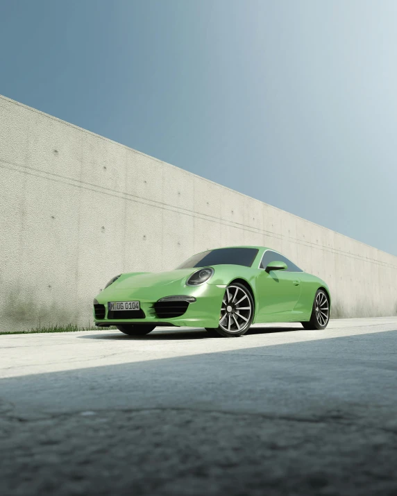 a green sports car parked near a cement wall