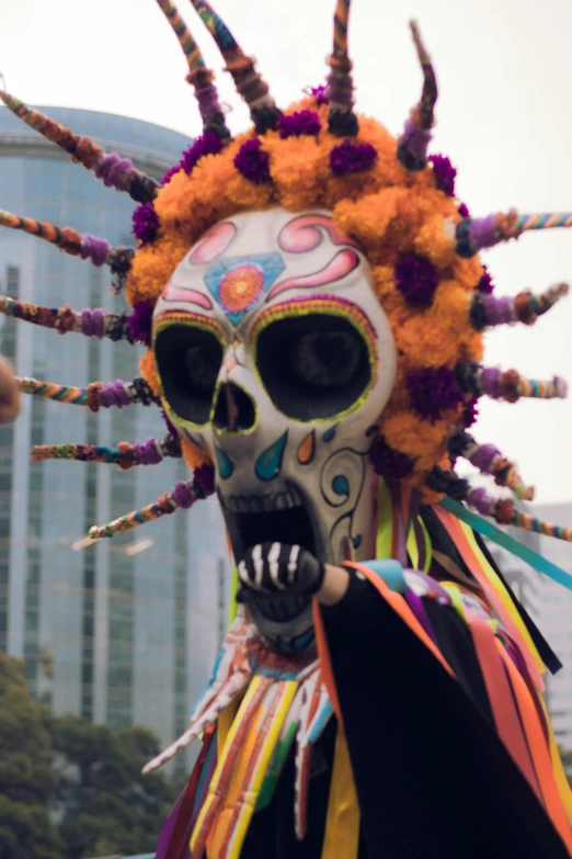 a very unique colorfully decorated statue in the street