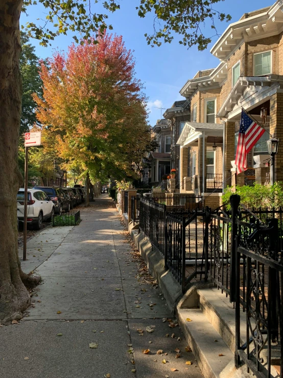 two rows of houses, including a street lined with trees, sitting next to each other