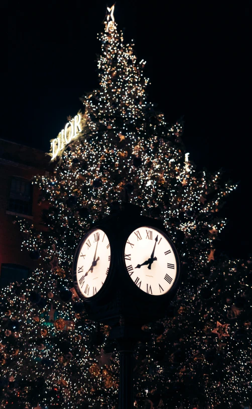 a street clock and the top of a christmas tree