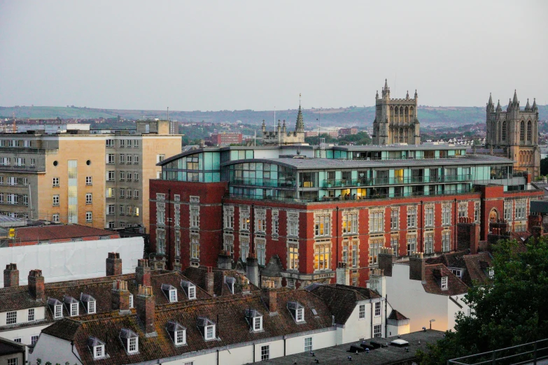 a view of a city, including the cathedral and old buildings