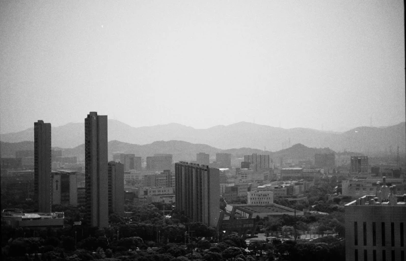 a black and white view of an urban city