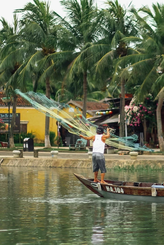 two men in a boat and a man on the back holds a string