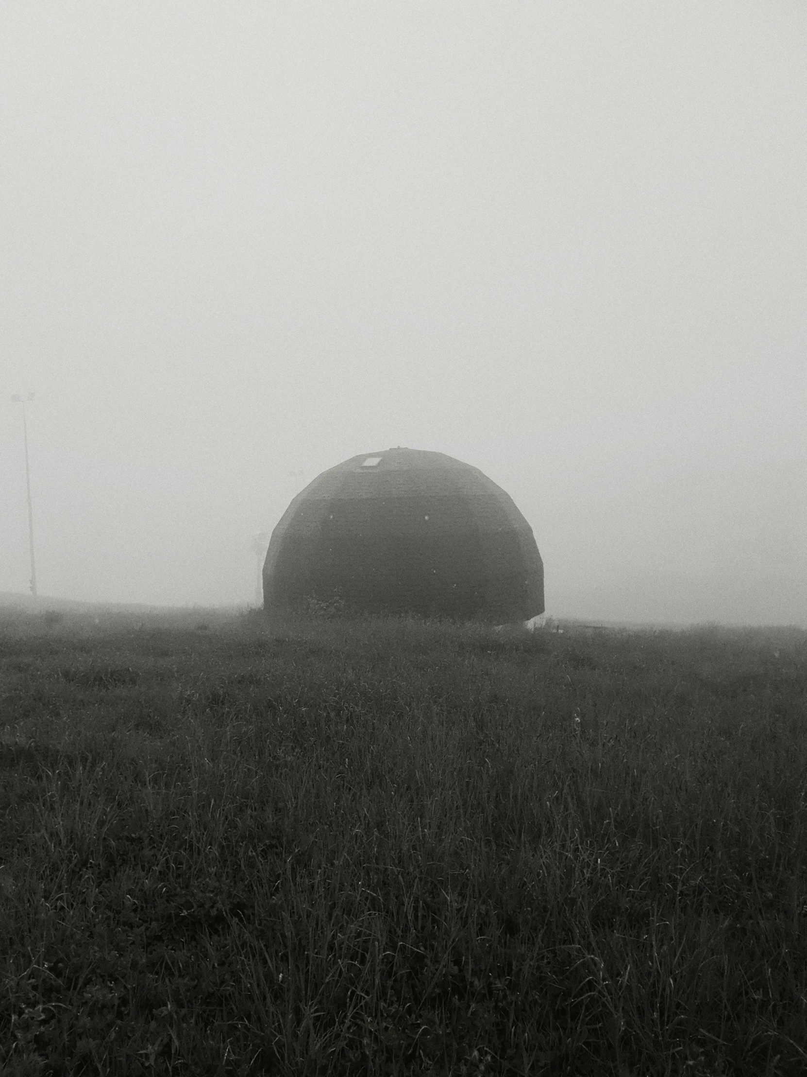 an oval object sitting in the middle of a grassy field