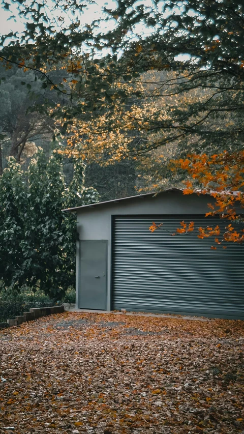 a large garage sits in a field next to trees