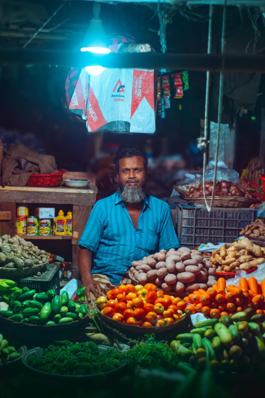 a man standing in front of a display of vegetables