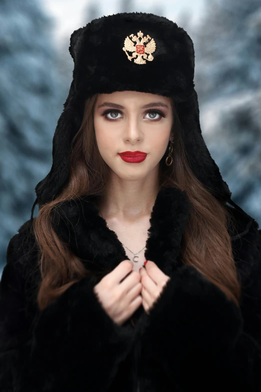 a woman wearing a fur hat and dress