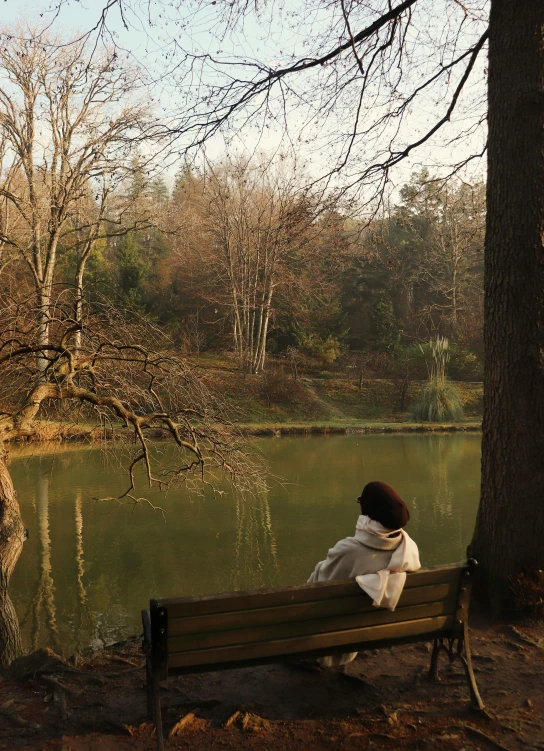 a woman sits on a park bench near a tree