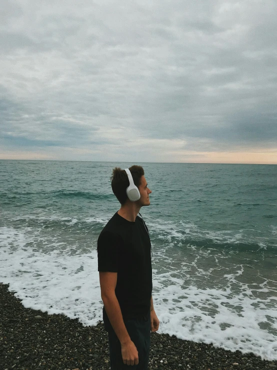 a man stands on the beach next to a very rough ocean