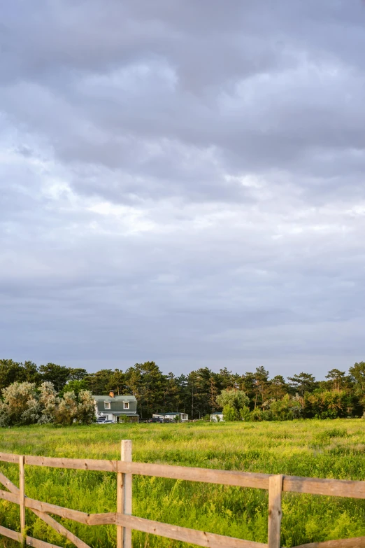 the clouds are low above the green field