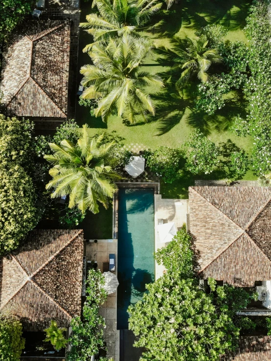 an aerial view of the pool in this backyard