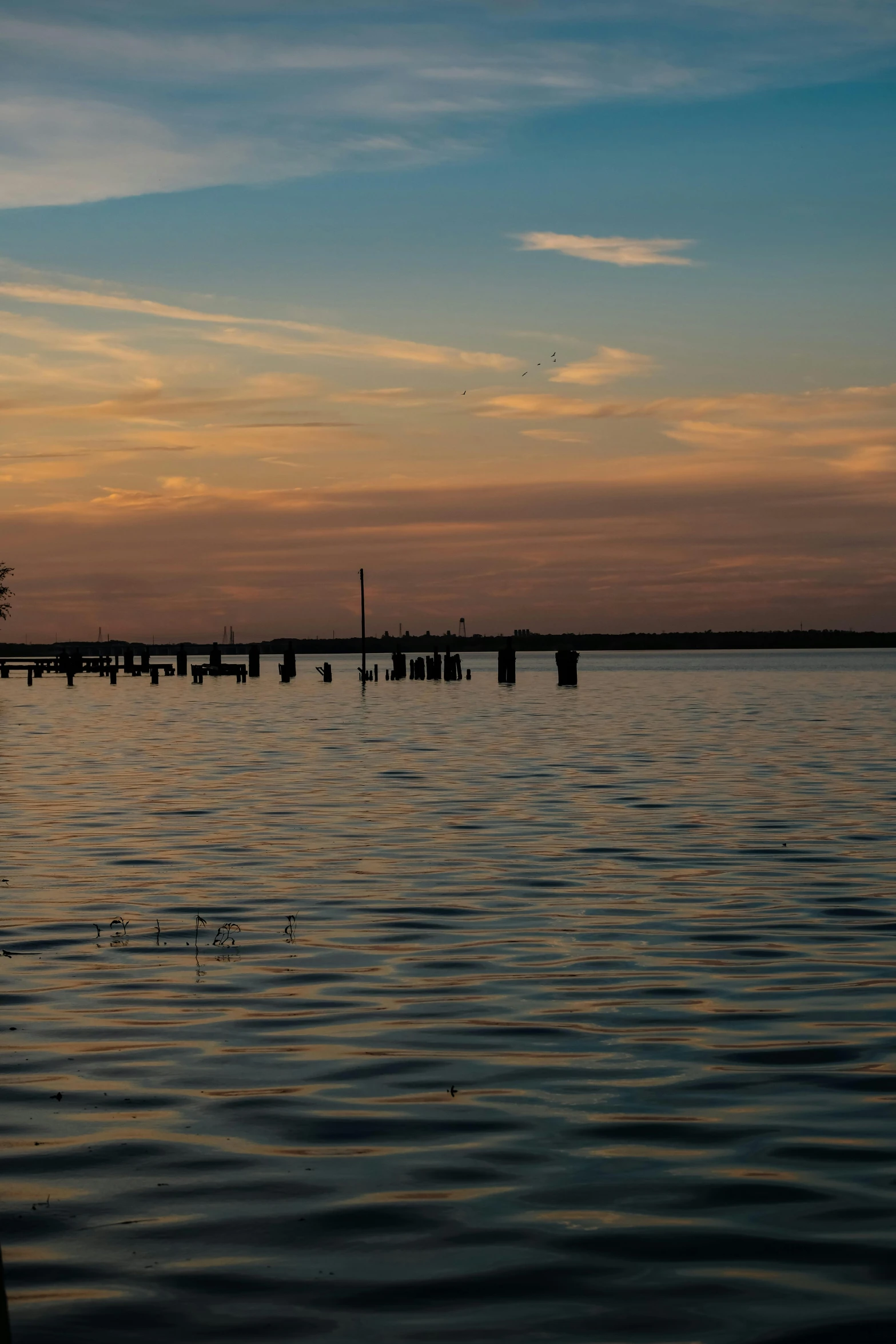 the ocean at sunset with birds flying over the dock