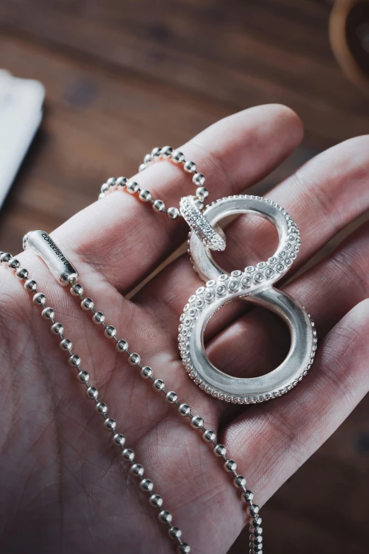 a person holding a chain that has an image on it