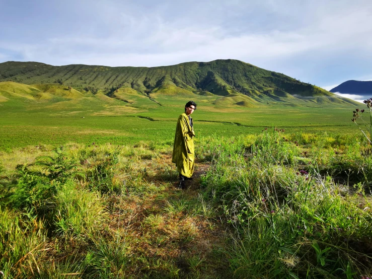 a person walking through a field with mountains behind