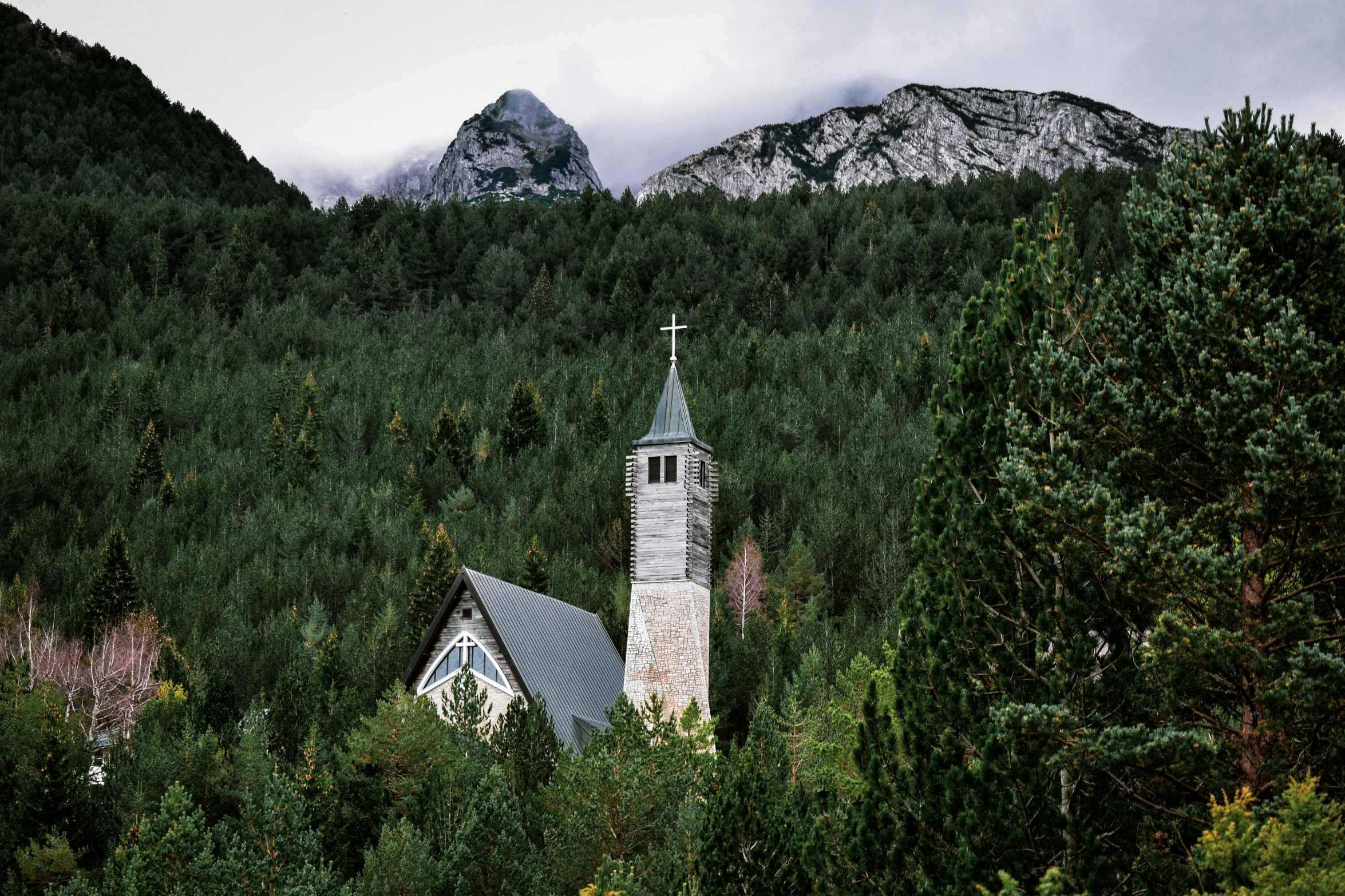 an old church nestled in the middle of a forest