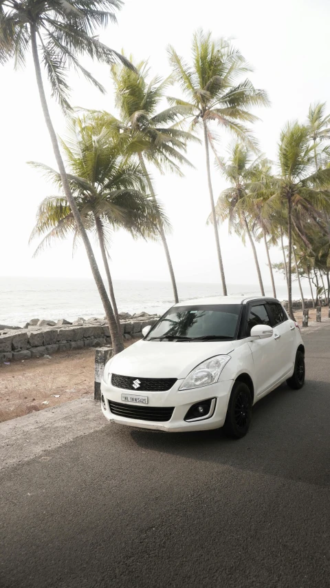 a white car parked in front of a palm tree lined street