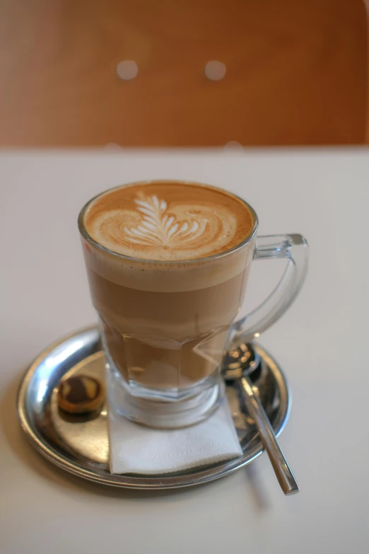 a cappuccino sits on a saucer with a spoon