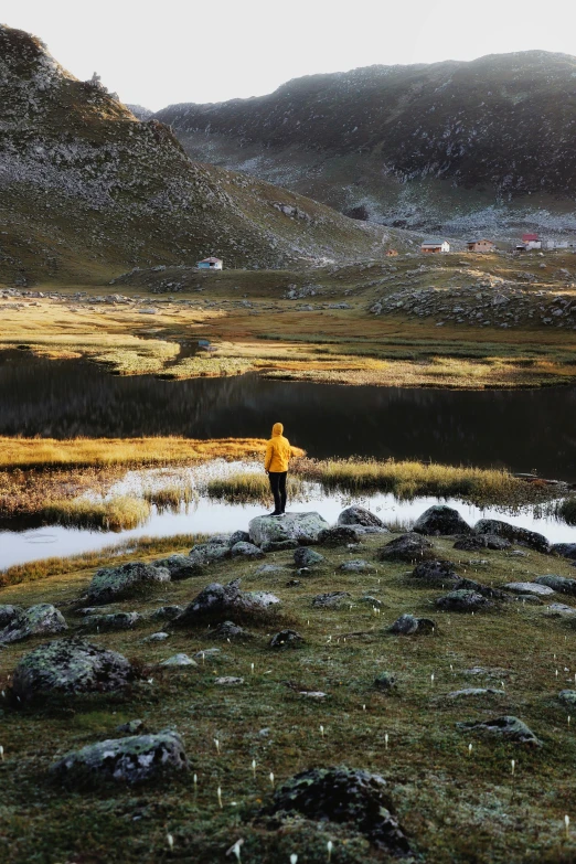 a person in a yellow rain coat is standing next to the mountains