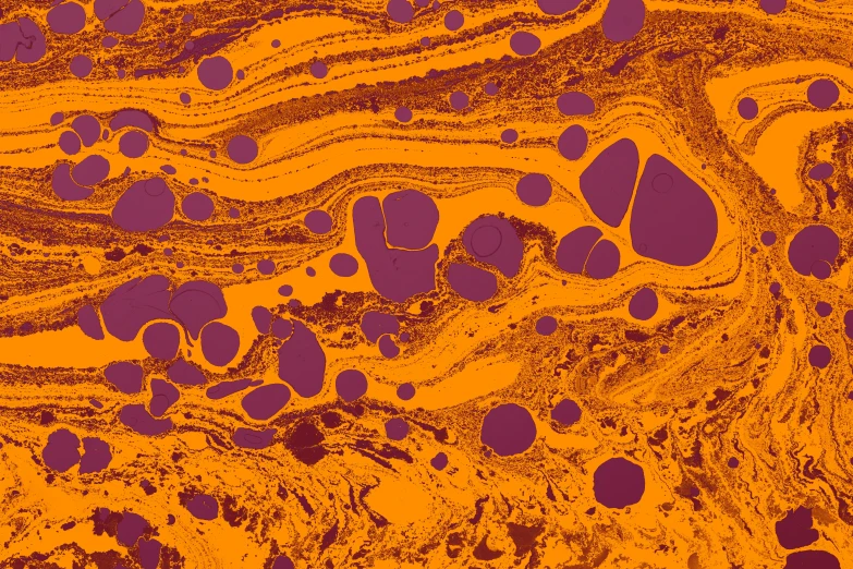 an abstract orange and purple painting that looks like a wavy stream