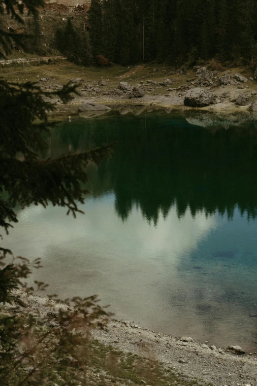 a small pond with blue waters next to the woods