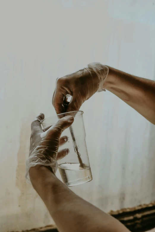 two hands with disposable gloves holding a plastic container