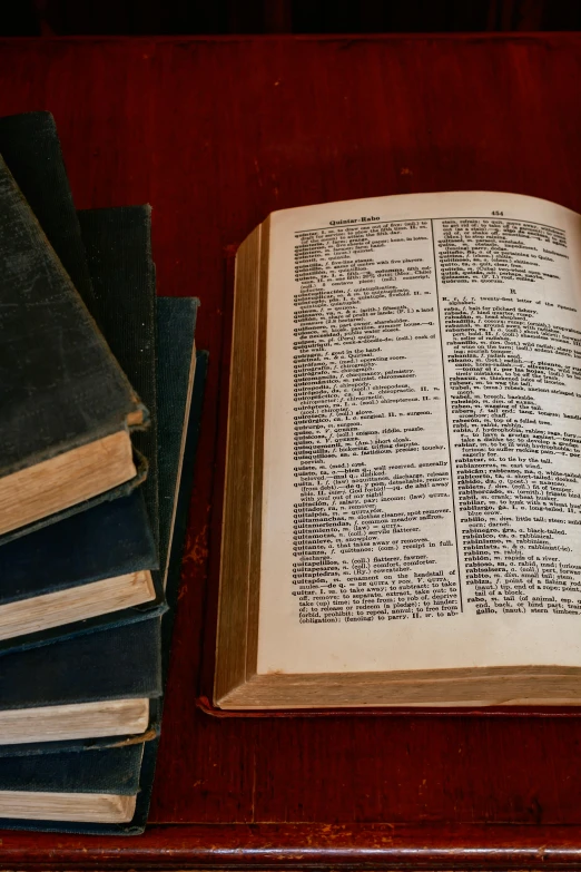 a book sits on a wooden table surrounded by books