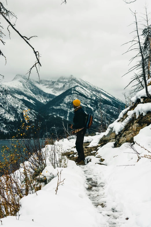 a man on skis looking over a snowy area at mountains