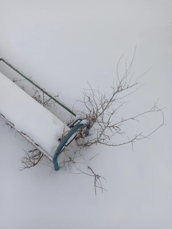an overhead view of snow covered ground with a bench next to the tree