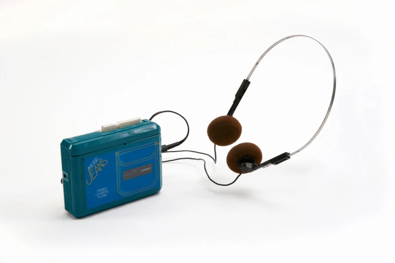 a small blue case with two headphones attached to it